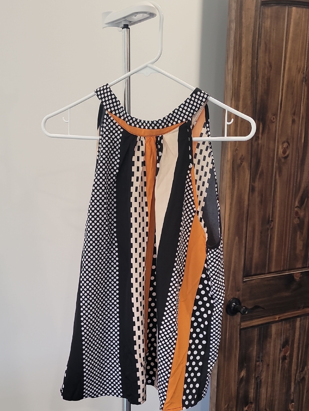 SHEIN Black White and Mustard Polka Dot & Stripe Halter Tank Top